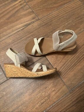 Beige Cork Wedge Sandals for Women - Elastic Strap Comfort